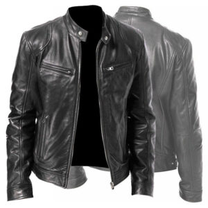 Men's Zip-up Cardigan PU Leather Jacket Fashion Pockets Stand Collar Short Tops Clothing