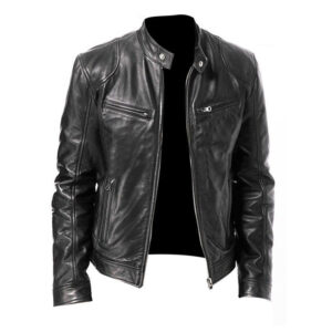 Men's Zip-up Cardigan PU Leather Jacket Fashion Pockets Stand Collar Short Tops Clothing