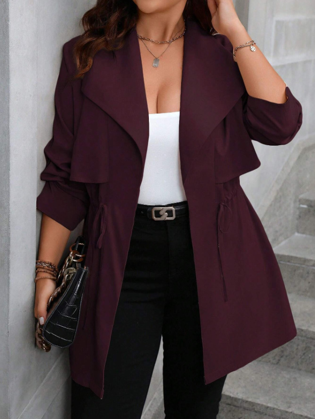Drawstring Large Lapel Mid-length Trench Coat - Image 8