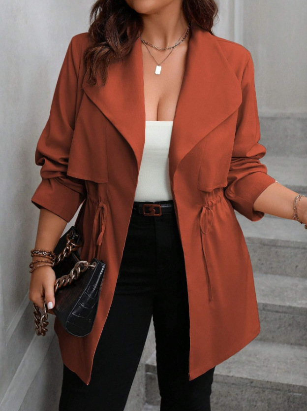 Drawstring Large Lapel Mid-length Trench Coat - Image 9