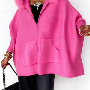 Ins Plush Hooded Cardigan Fashion Warm Pockets Zip-up Knitted Jacket Casual Outerwear Batwing Sleeve Sweater Women's Clothing