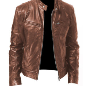 Men's Zip-up Cardigan PU Leather Jacket Fashion Pockets Stand Collar Short Tops Clothing