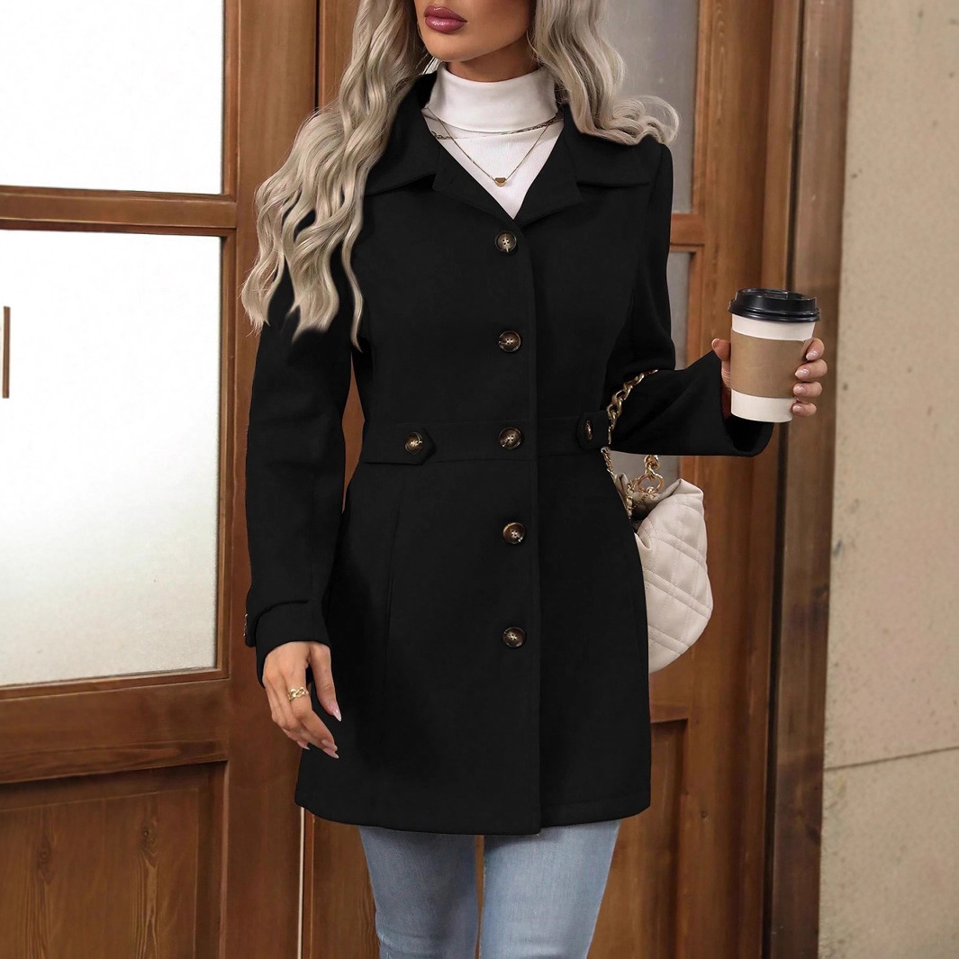 Elegant Single-breasted Woolen Coat Buttons Lapel Mid-length Jacket Temperament Commuter Outwear Clothing For Women - Image 3