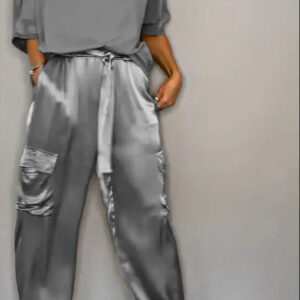 Smooth Satin Women's Short-sleeved Casual Pants Two-piece Set