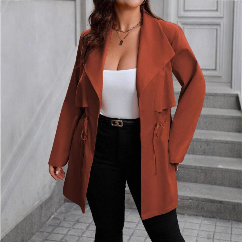 Drawstring Large Lapel Mid-length Trench Coat - Image 2