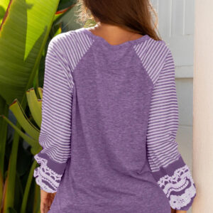 Tillandsia Purple Contrast Print Striped Raglan Long Sleeve Loose Top