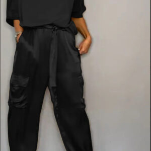 Smooth Satin Women's Short-sleeved Casual Pants Two-piece Set